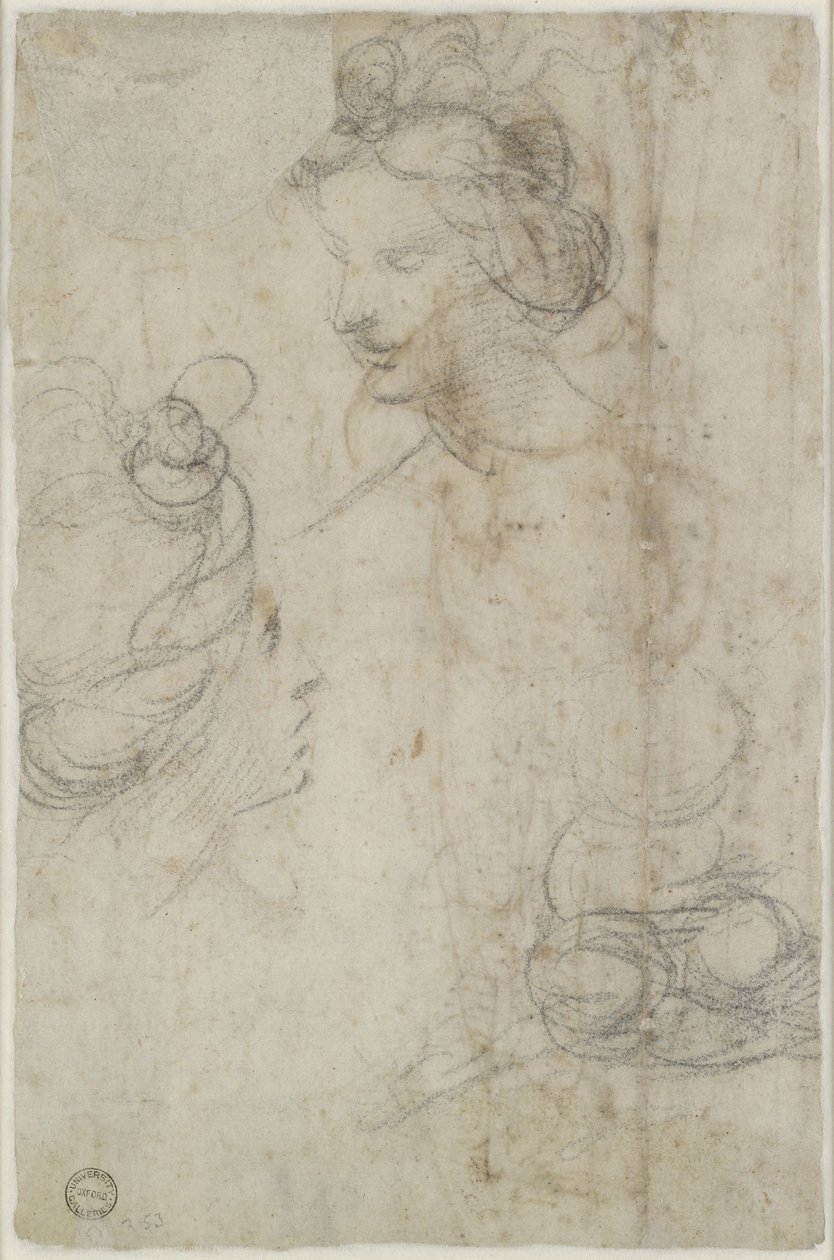 Two Female Heads and a Sketch of a Woman Squatting (detail) by Raffaello Sanzio Raphael