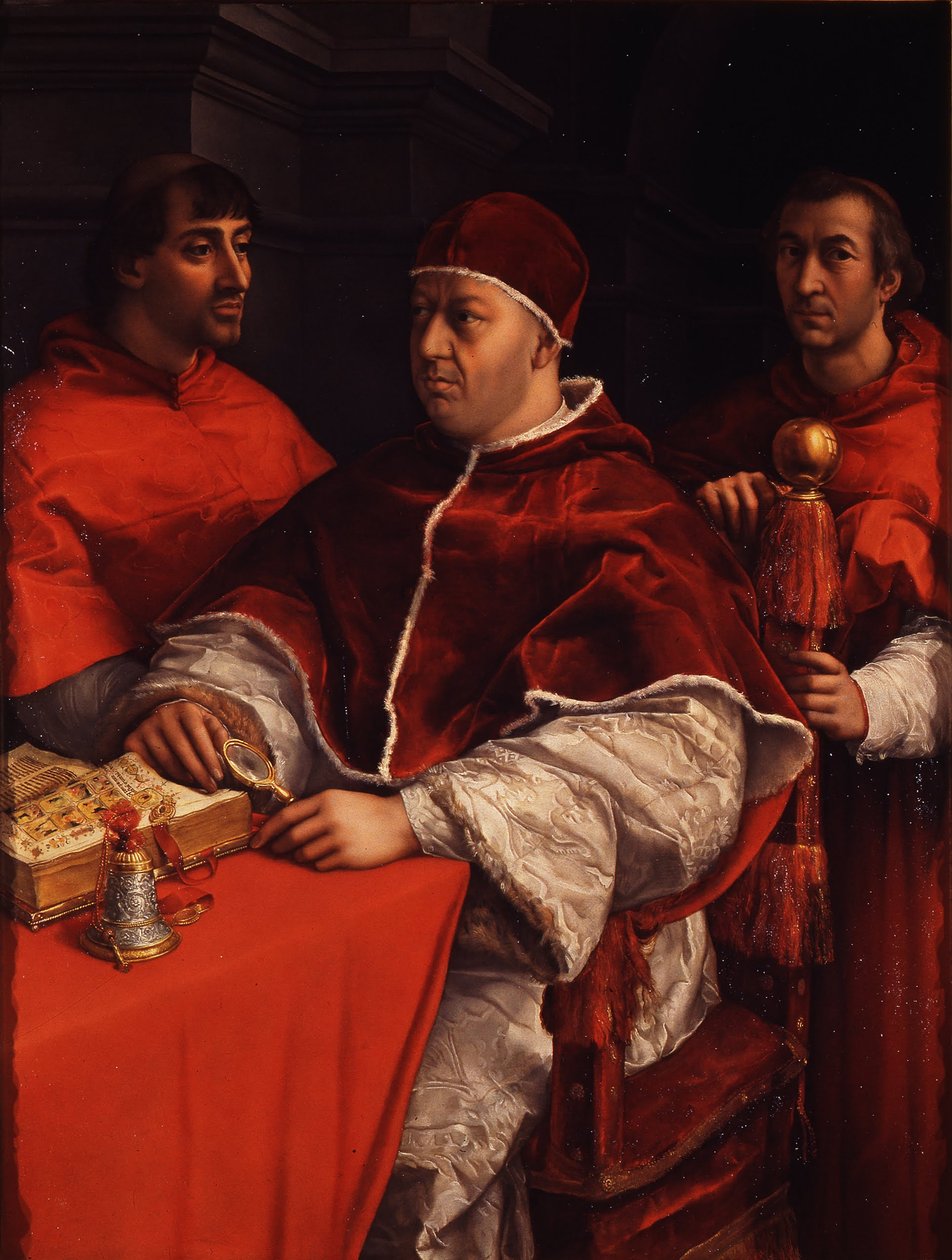 Portrait of Pope Leo X with Cardinals Giulio de Medici and Luigi de Rossi by Raffaello Sanzio Raphael