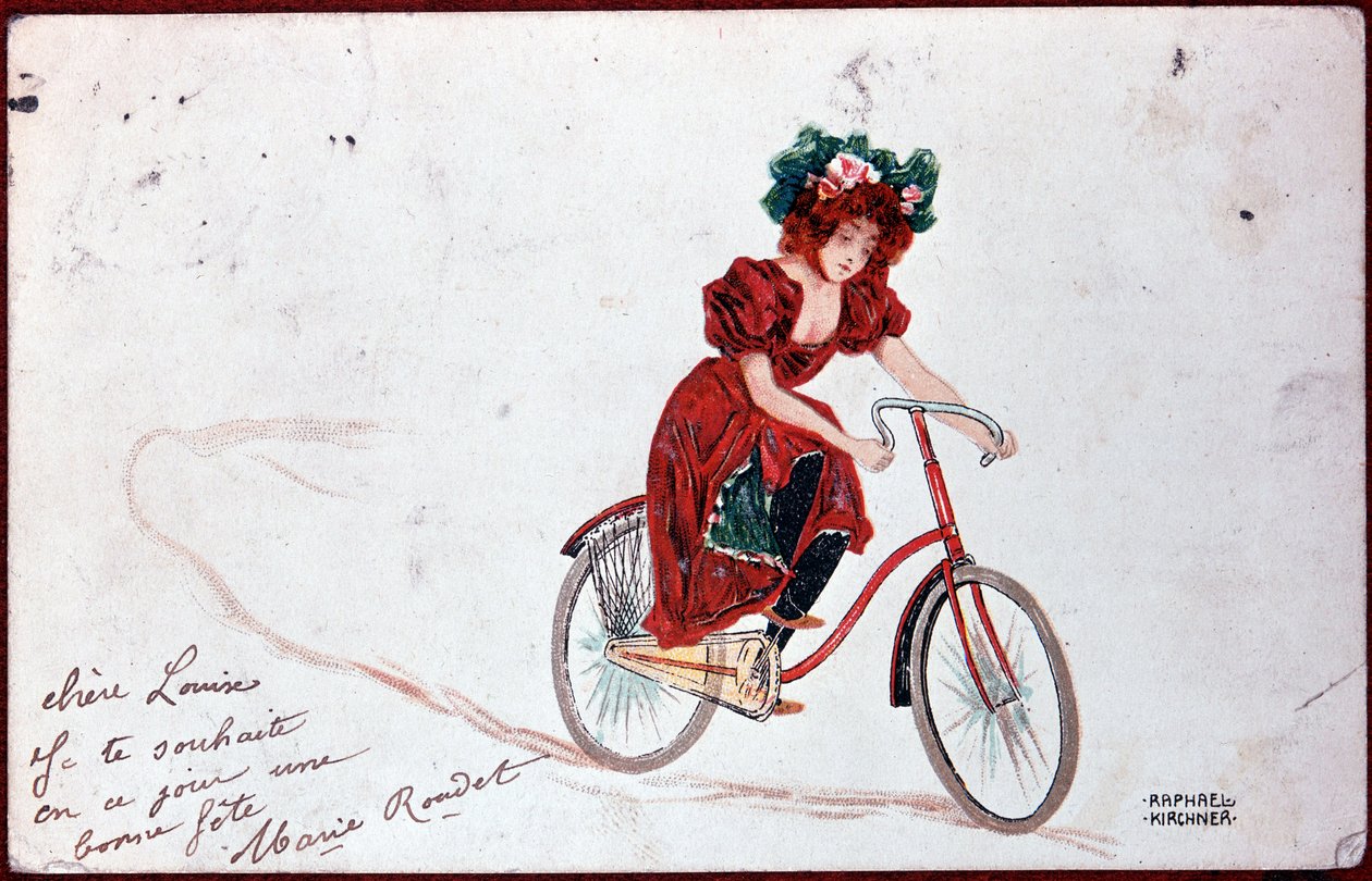Postcard of a woman on a bike - illustration by R. Kirchner, c.1900 by Raphael Kirchner