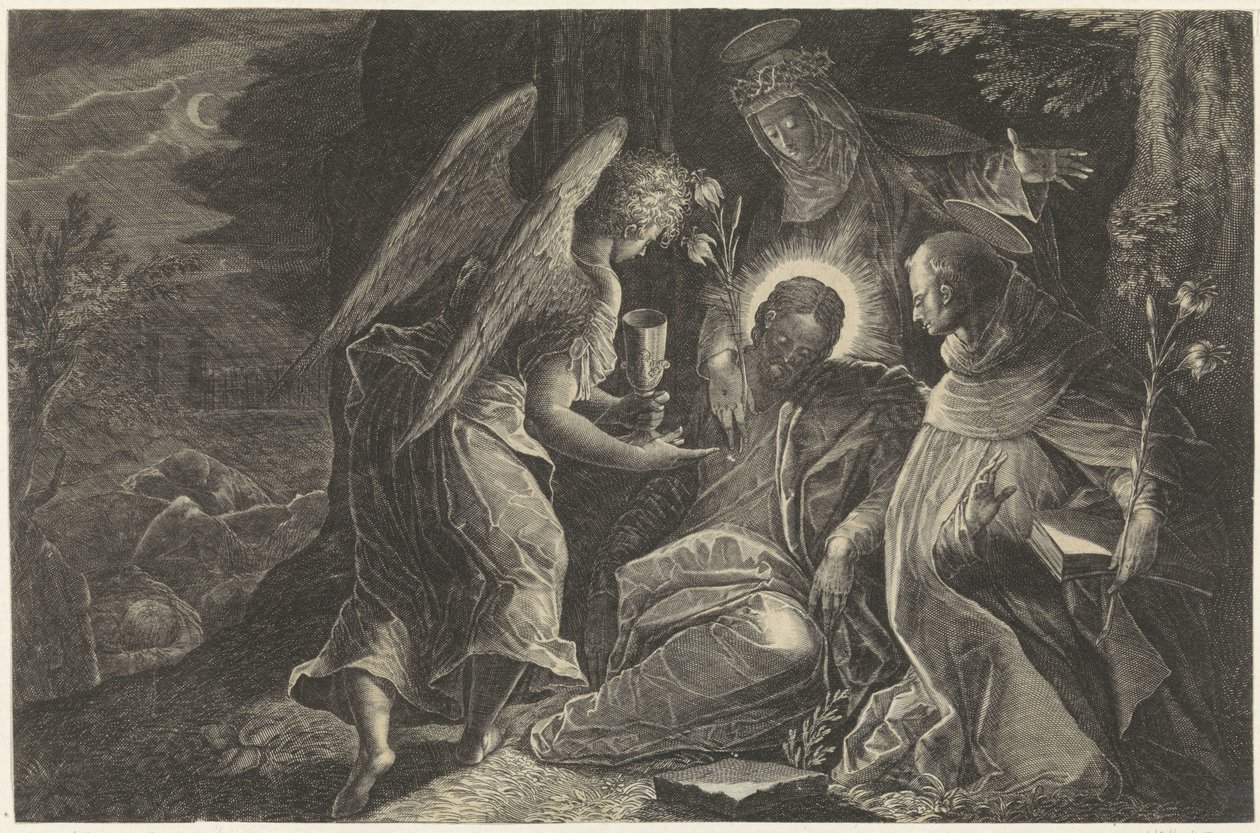 Christ Comforted by an Angel in Gethsemane, with Saint Dominic and Saint Catherine of Siena by Raphaël Sadeler (II)