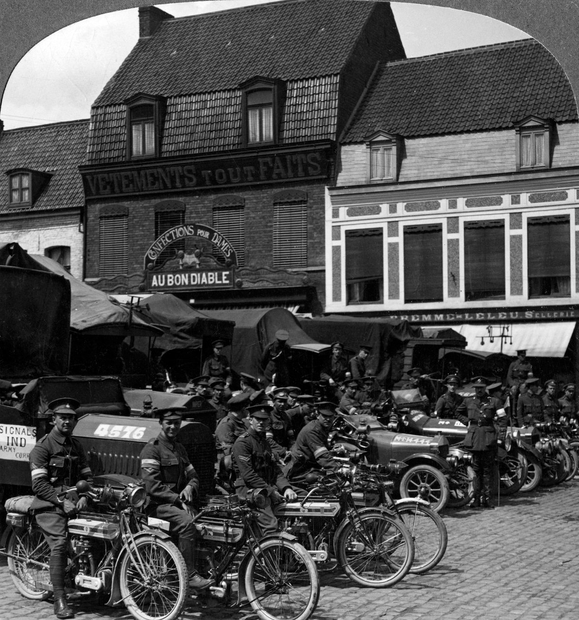 Lorries and Motorcycles of the Indian Army Corps, Merville, France, World War I by Realistic Travels Publishers