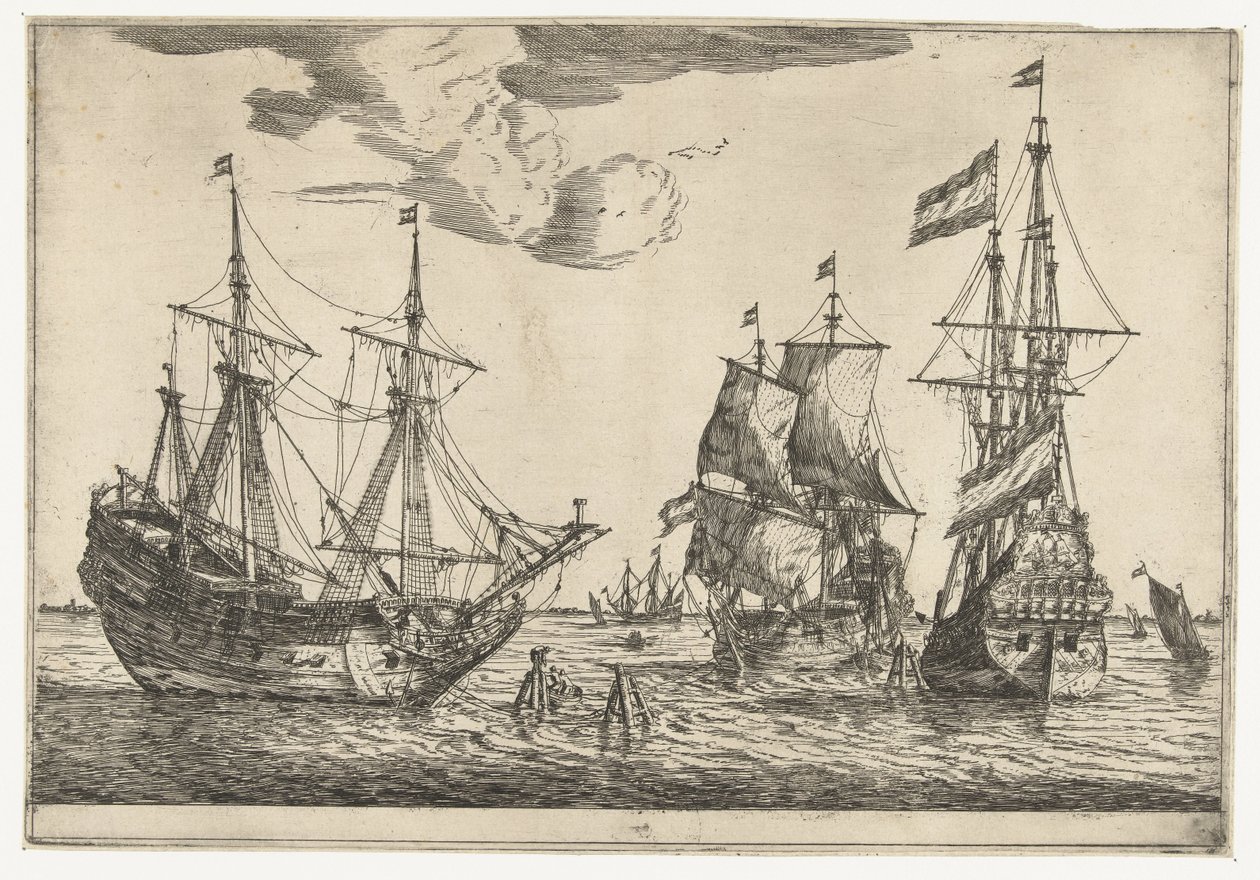 Three Moored Sailing Ships (Thirteen Scenes with Ships series) by Reinier Nooms