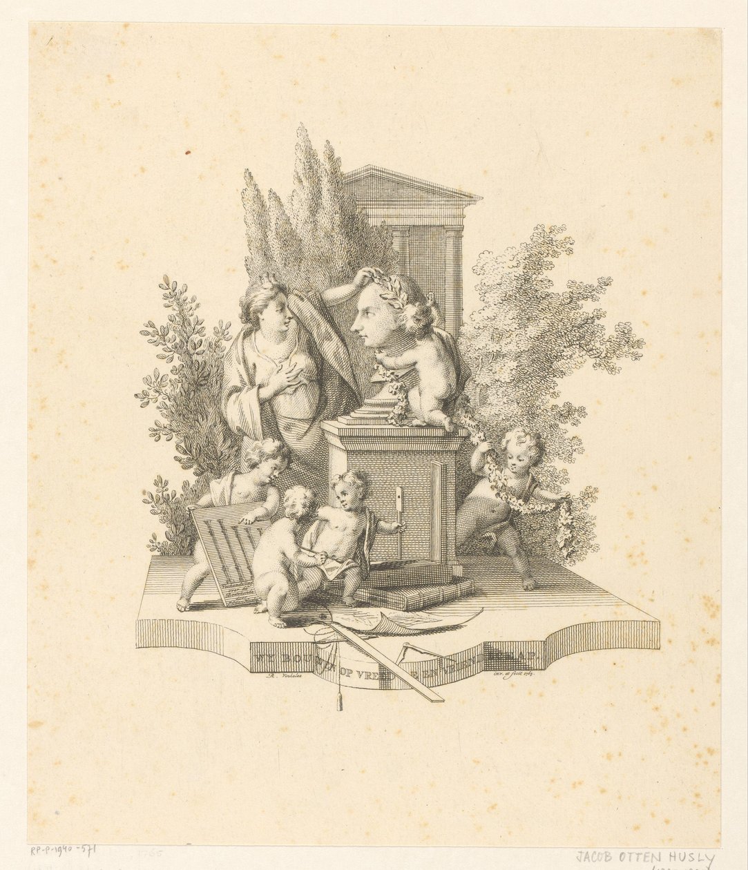 Allegorical Representation with a Bust of Jacob Otten Huslij by Reinier Vinkeles (I)
