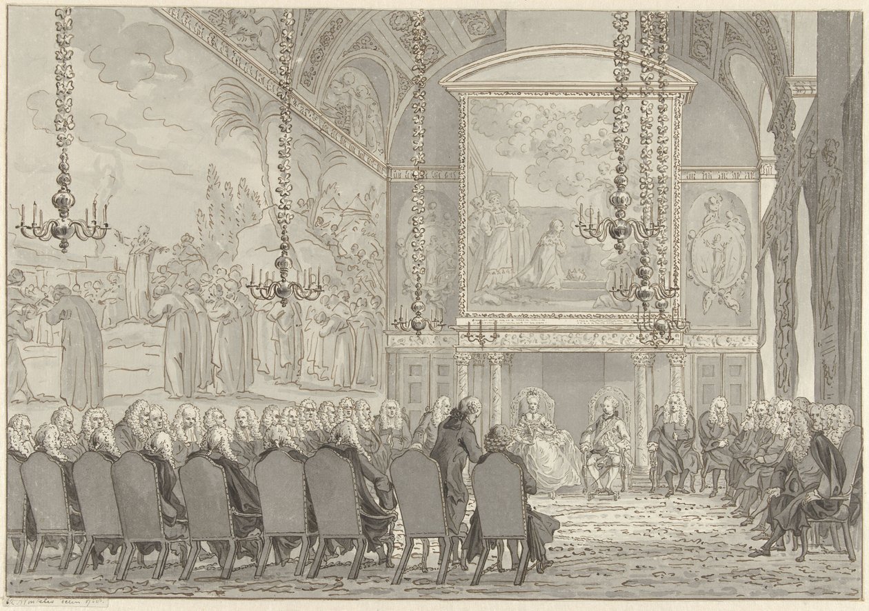 Reception of Prince William V and Wilhelmina of Prussia in the Council Chamber of the Town Hall of Amsterdam by Reinier Vinkeles (I)