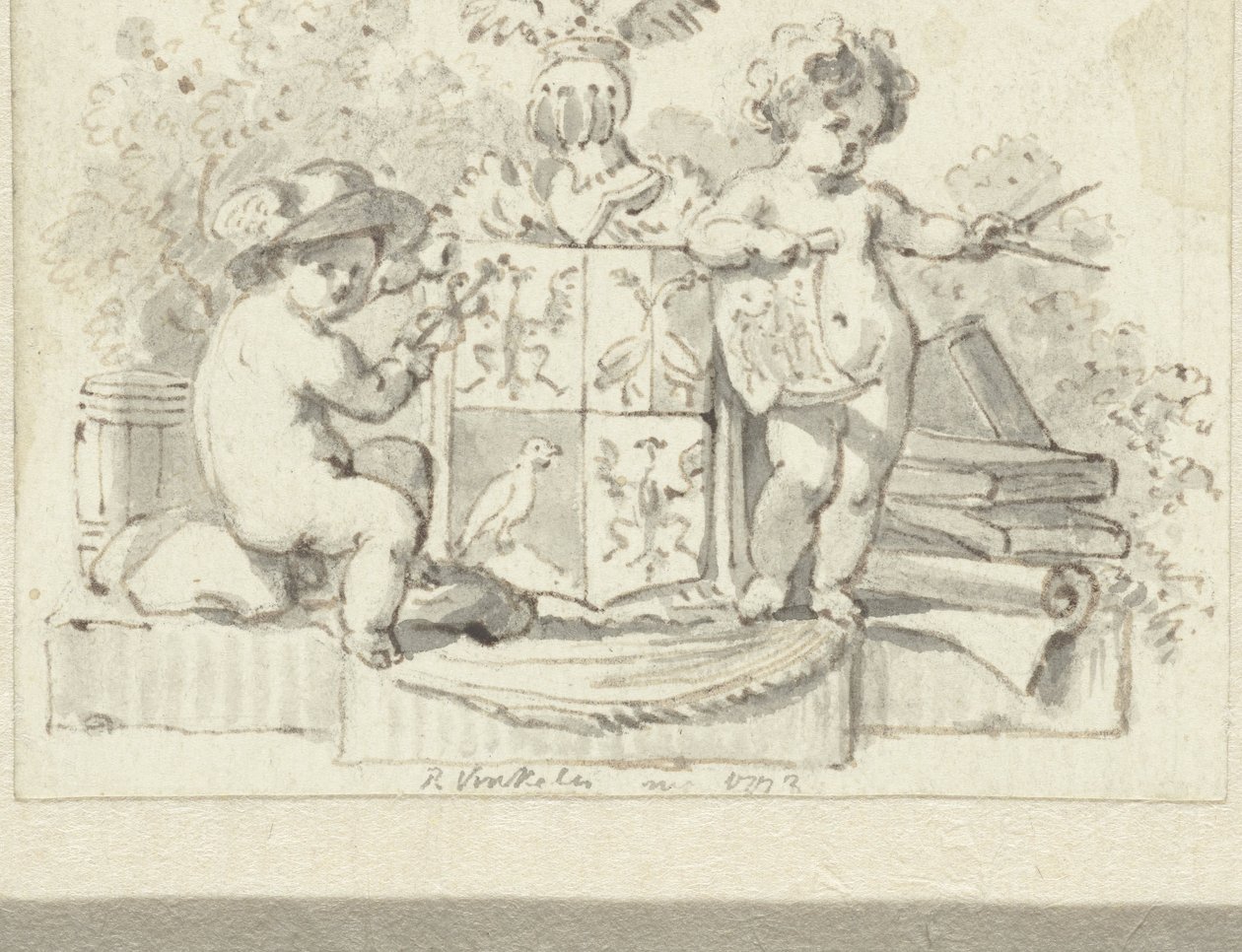Two Putti with Compass and Aesculapius, by the Family Crest of Schoemaker by Reinier Vinkeles (I)