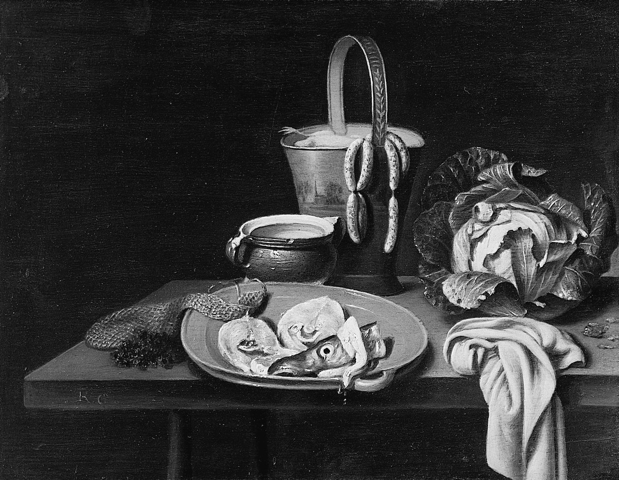 Fish on an Earthenware Plate, a Pail with Sausages, a Glazed Pottery Bowl, a Cabbage and a Cloth on a Wooden Table by Reinier or Reynier Coveyn or Covyn