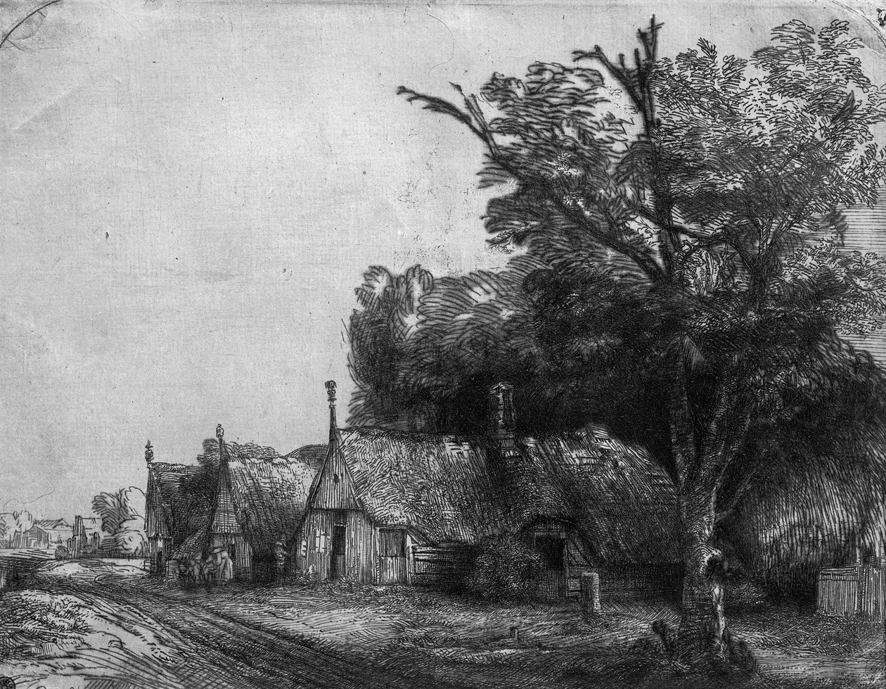 Landscape with Three Cottages, 1650 by Rembrandt van Rijn