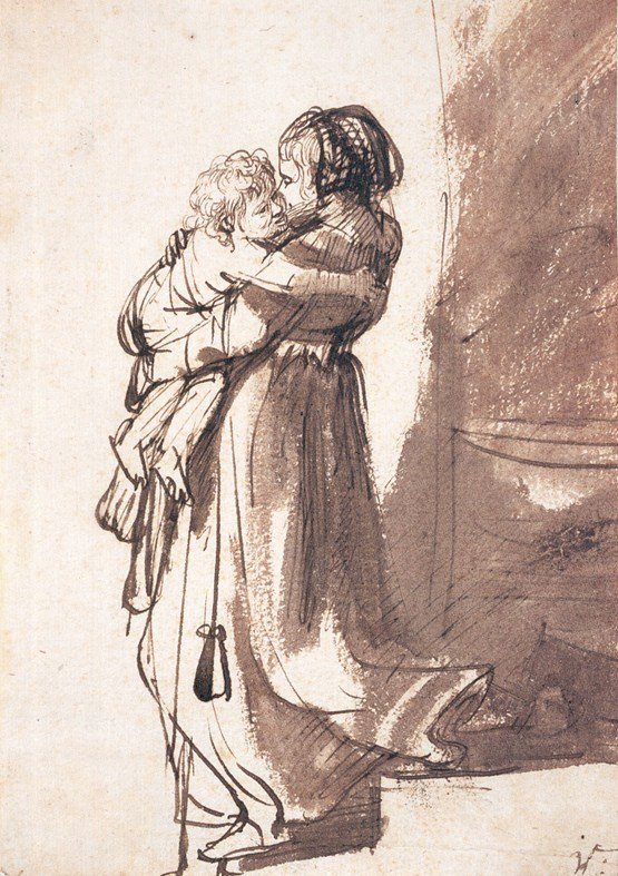 Woman Carrying a Child Downstairs by Rembrandt van Rijn