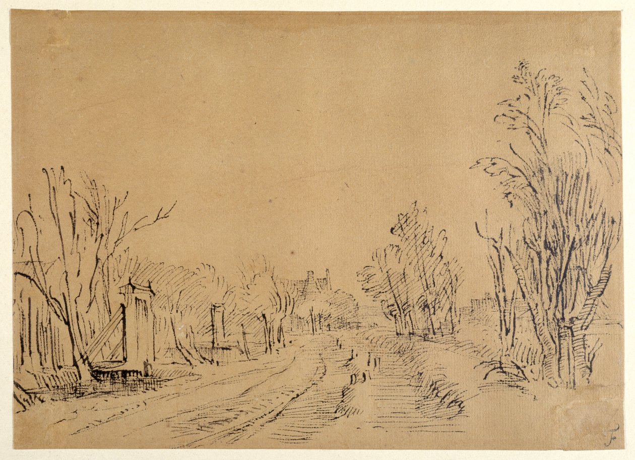 A Main Road Leading to a House Through Trees (Two Bridges and Gate Accesses to the Dijk) by Rembrandt Harmensz. van Rijn