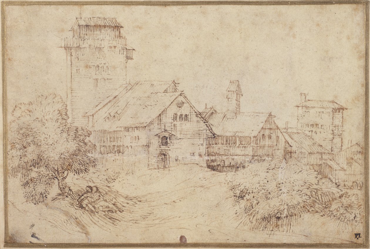 Landscape with buildings and lovers, embracing, after Titian by Rembrandt Harmensz. van Rijn
