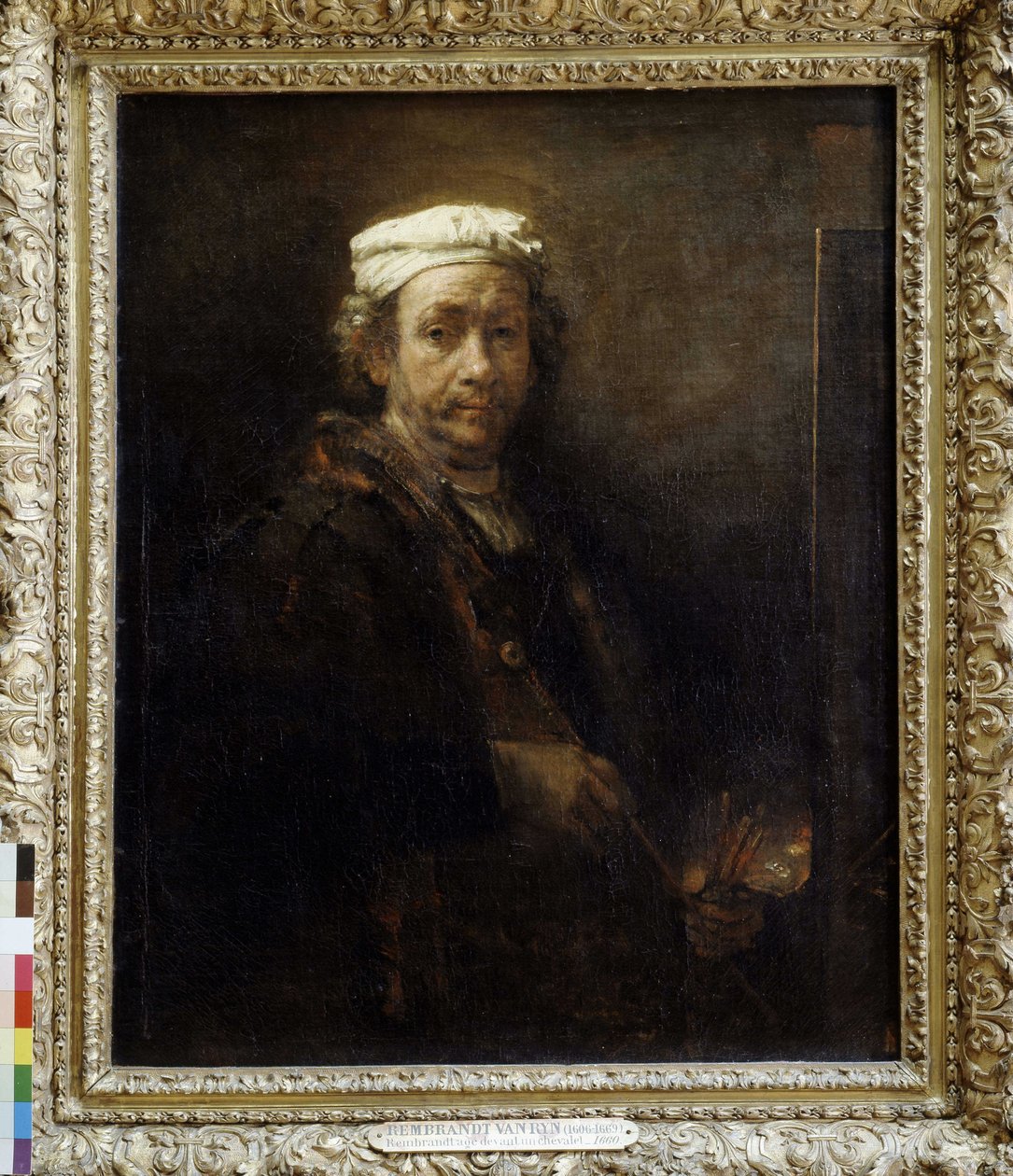 Rembrandt aged in front of an easel (1660) by Rembrandt van Rijn