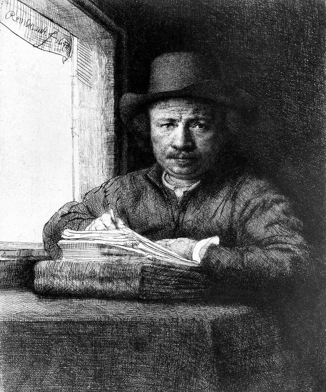 Self portrait while drawing by Rembrandt van Rijn
