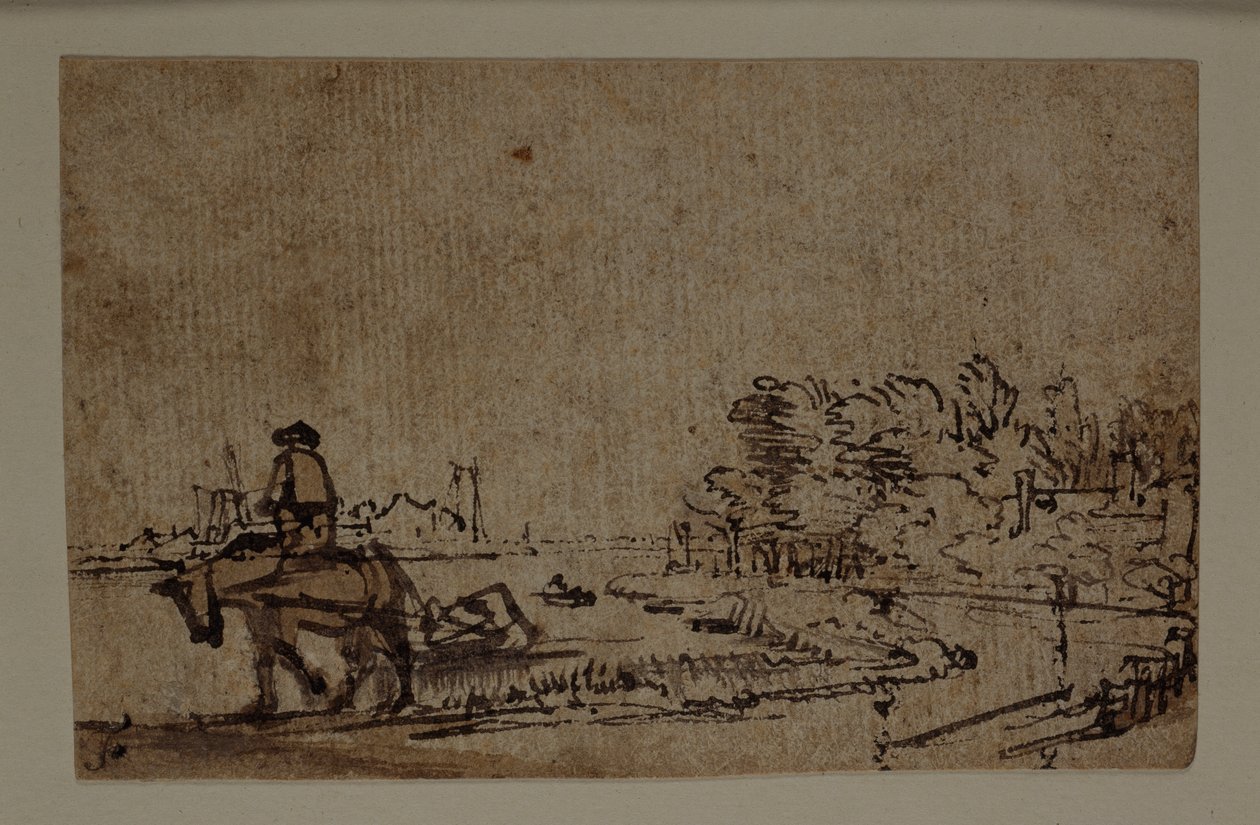 View on the Amstel, with a horse towing a barge by Rembrandt Harmensz. van Rijn