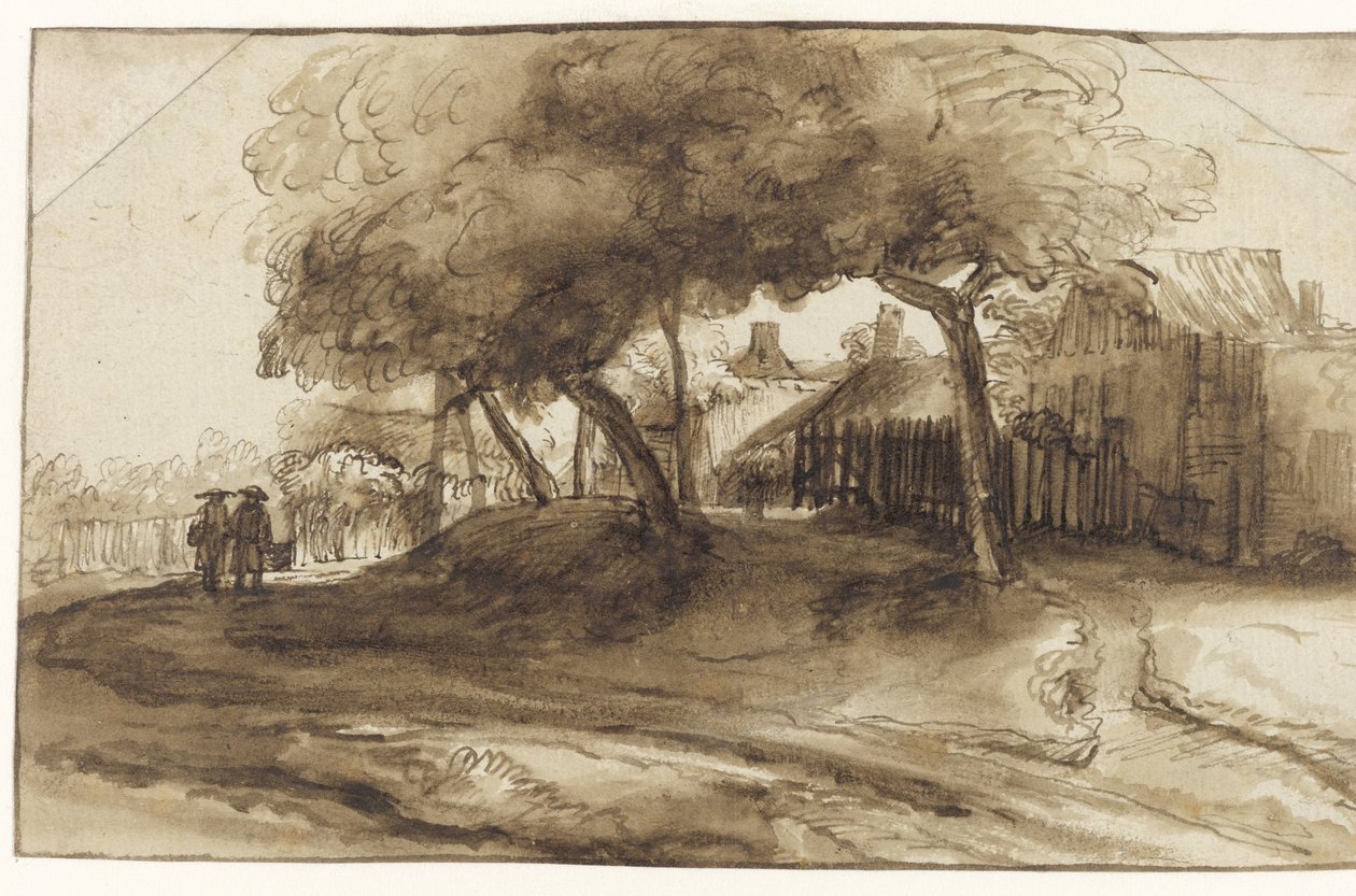 Houses and Trees on a Dike by Rembrandt van Rijn (school of)