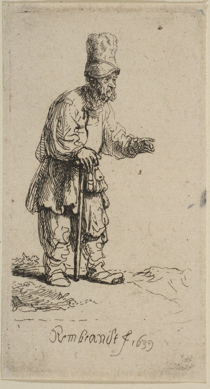 A Peasant in a High Cap, Standing Leaning on a Stick by Rembrandt van Rijn