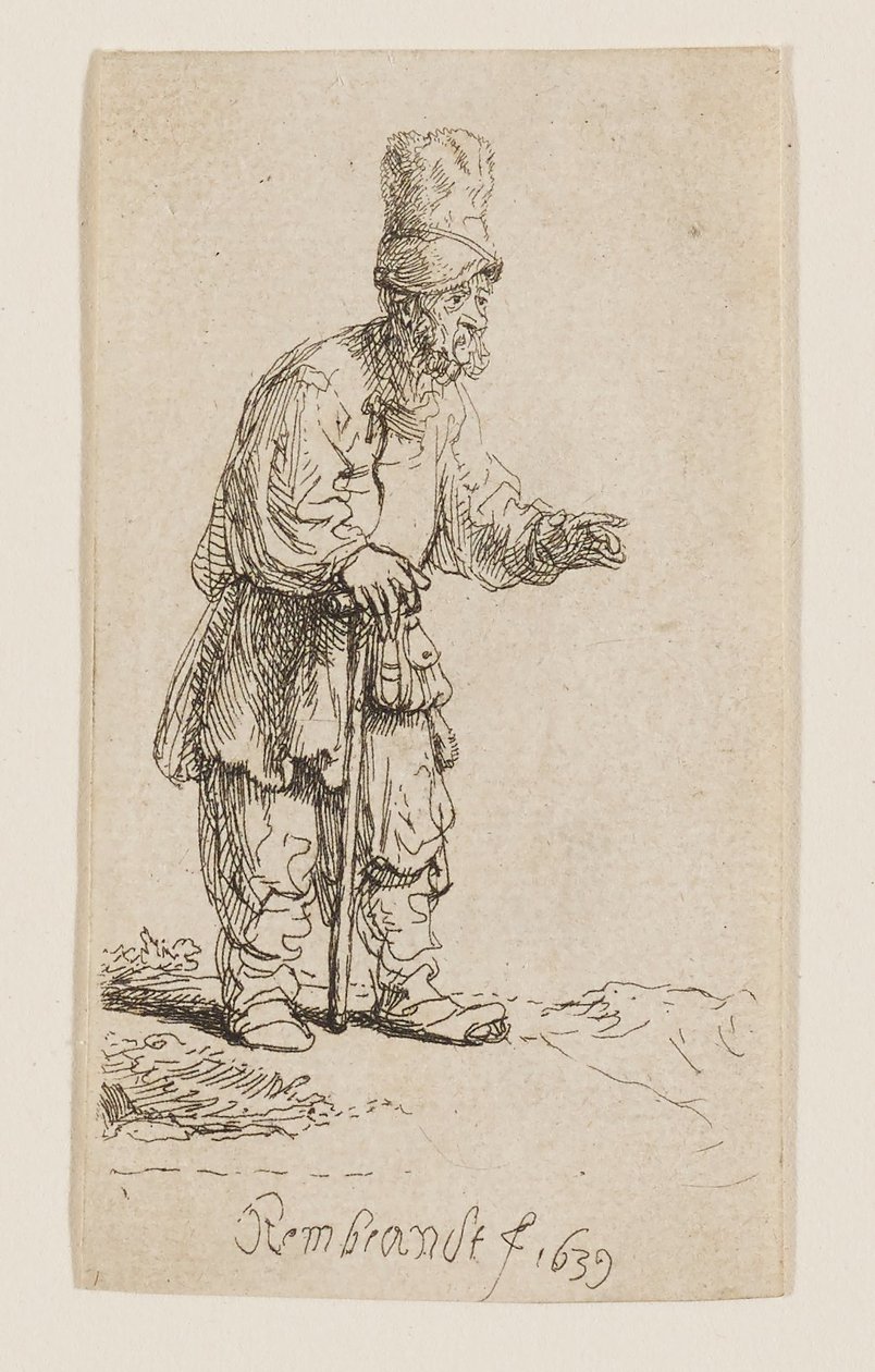 A Peasant in a High Cap, Standing and Leaning on a Stick by Rembrandt van Rijn