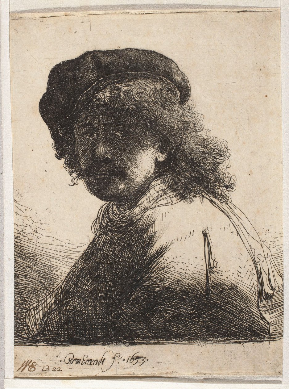 Self Portrait in Beret and Shawl by Rembrandt van Rijn