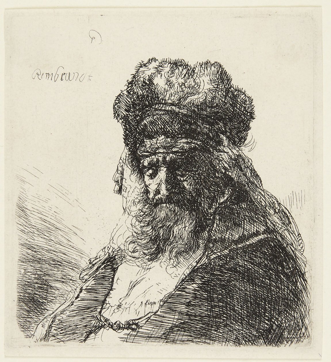 Bearded Old Man with a High Fur Cap, with Eyes Closed by Rembrandt van Rijn