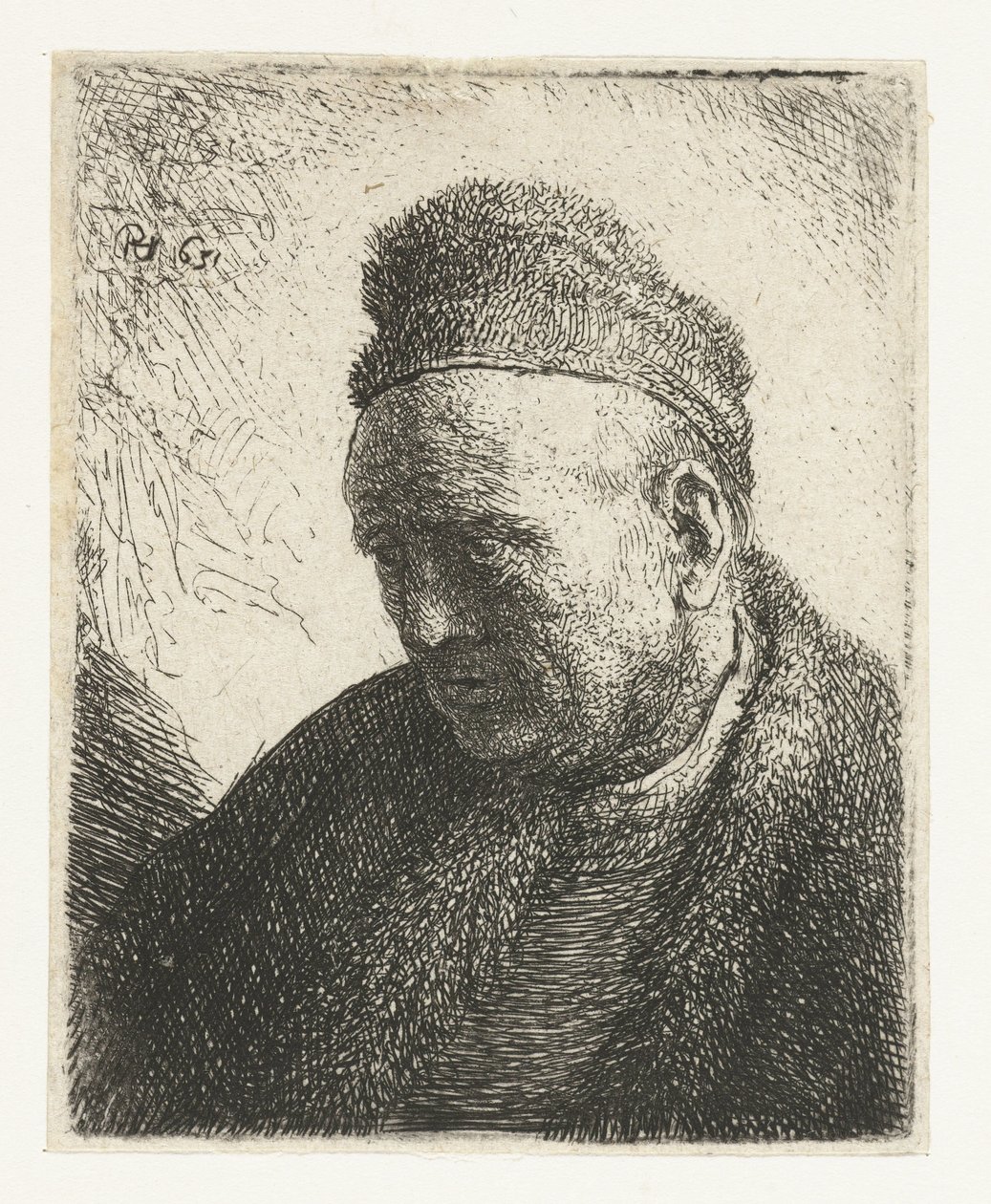 Beardless Man in a Fur Cloak and Cap: Bust by Rembrandt van Rijn
