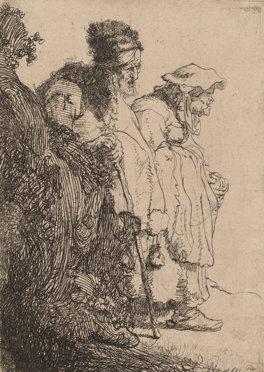 Beggar Man and Woman Behind a Bank by Rembrandt van Rijn