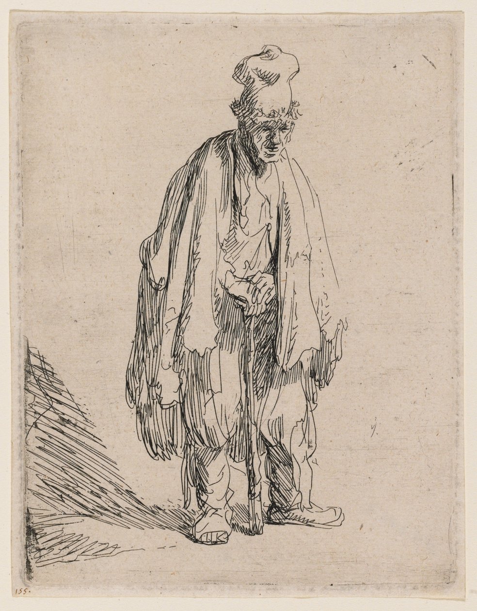 Beggar in a High Cap, Standing and Leaning on a Stick by Rembrandt van Rijn