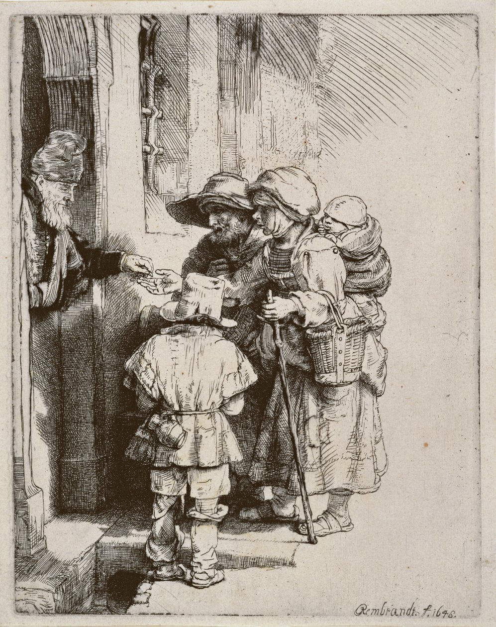 Beggars receiving alms at the door of a house, 1648 by Rembrandt van Rijn