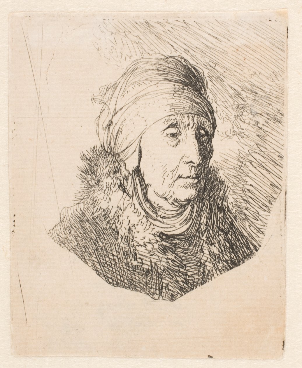 Bust of an Old Woman in a High Headdress Bound Round the Chin by Rembrandt van Rijn