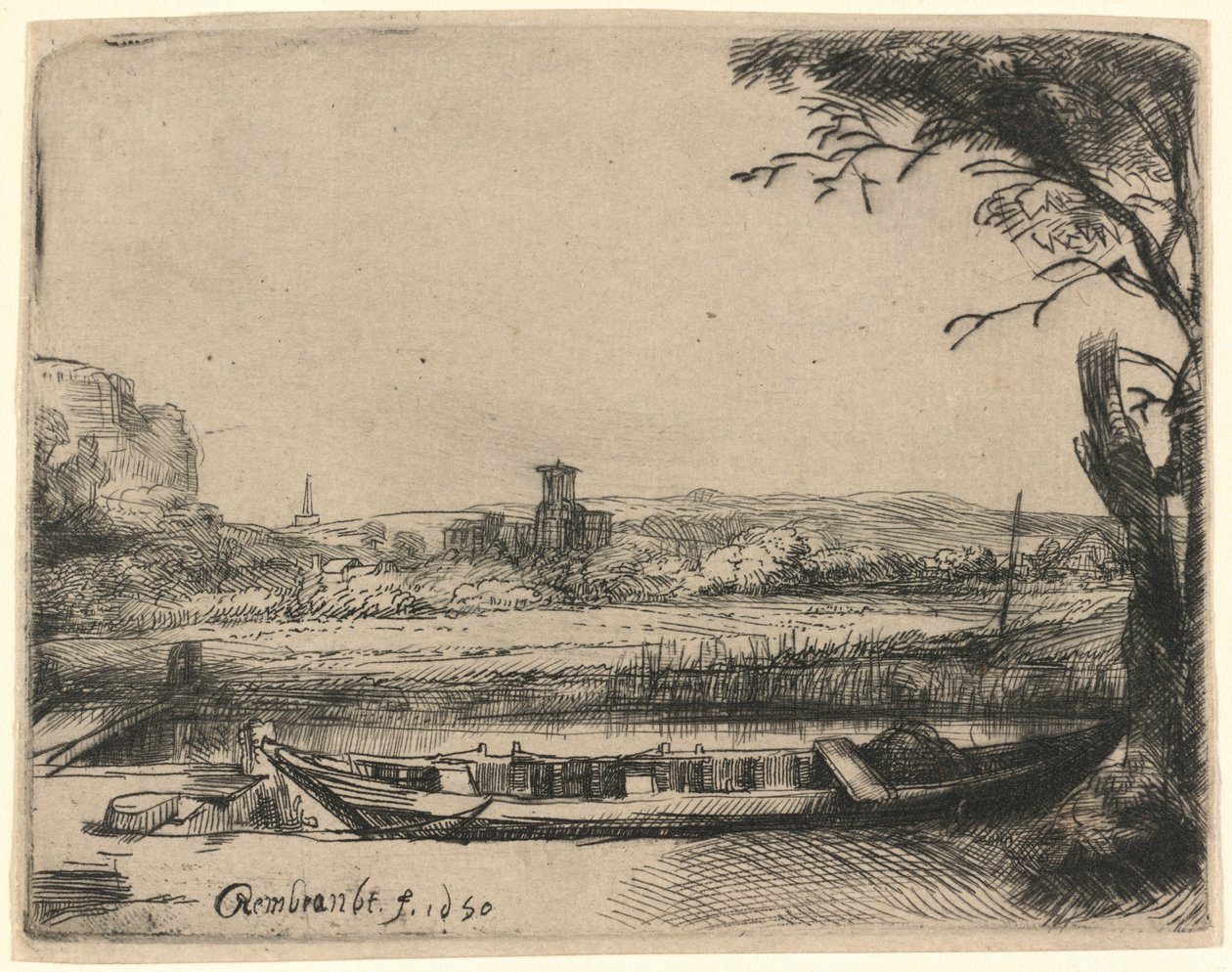 Canal with a Large Boat and Bridge by Rembrandt van Rijn