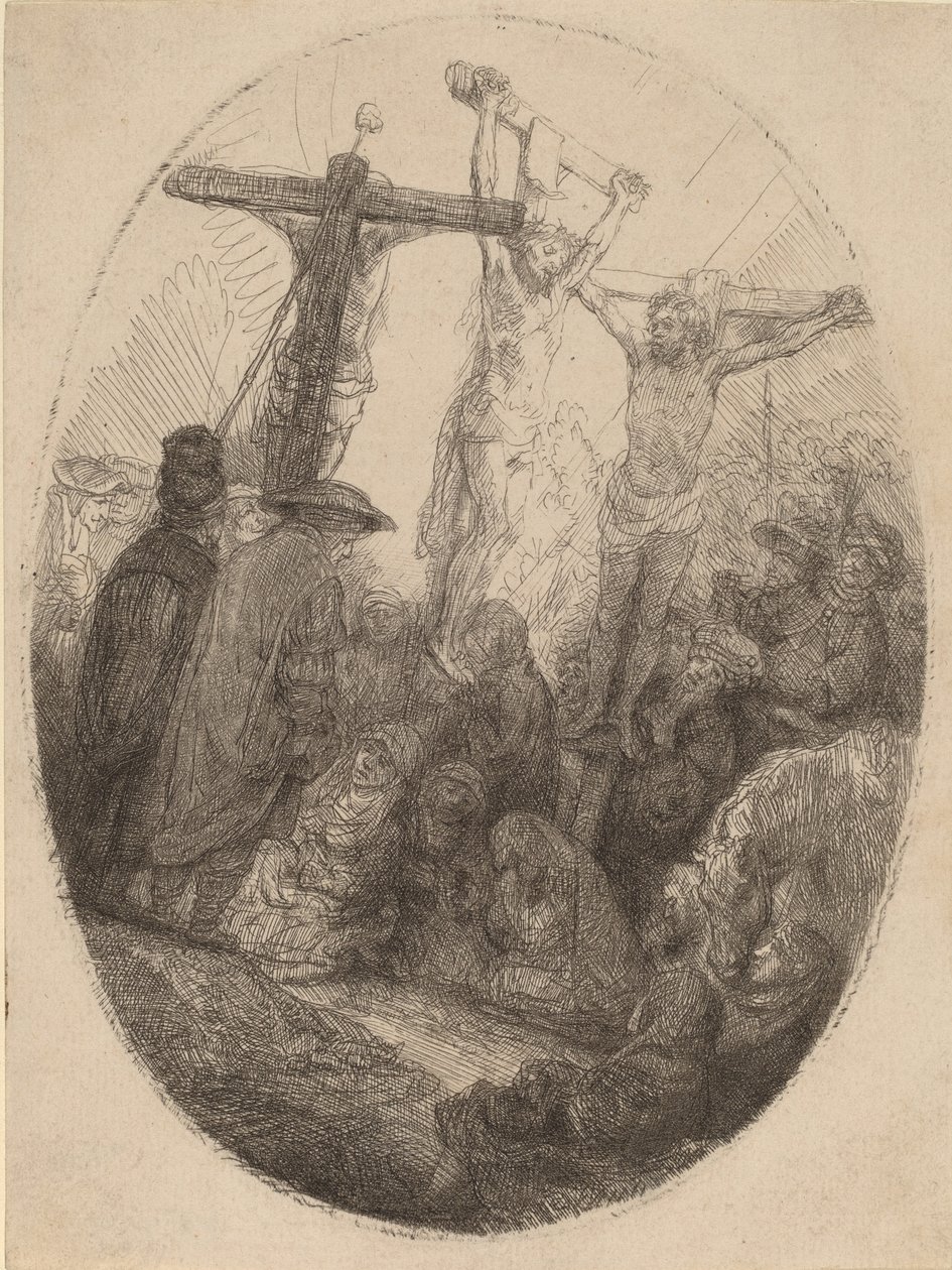 Christ Crucified between the Two Thieves: an Oval Plate by Rembrandt van Rijn