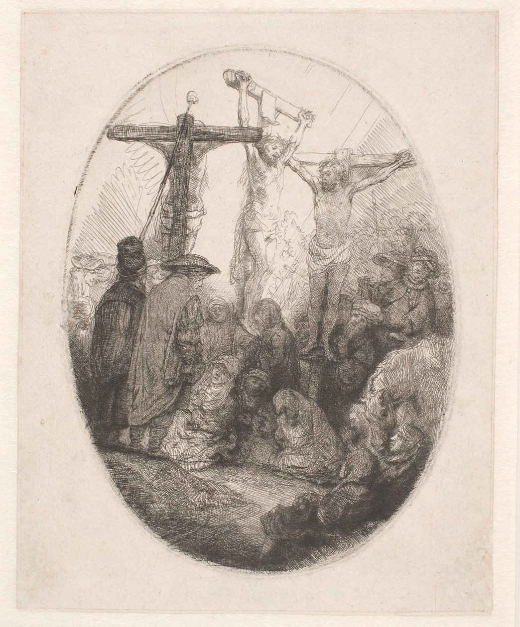 Christ Crucified Between the Two Thieves: An Oval Plate by Rembrandt van Rijn