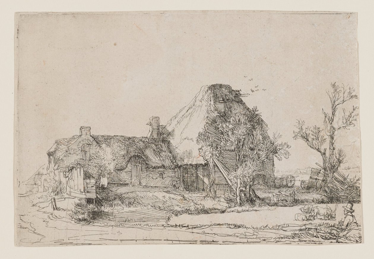 Cottage and Farm Buildings with a Man Sketching by Rembrandt van Rijn
