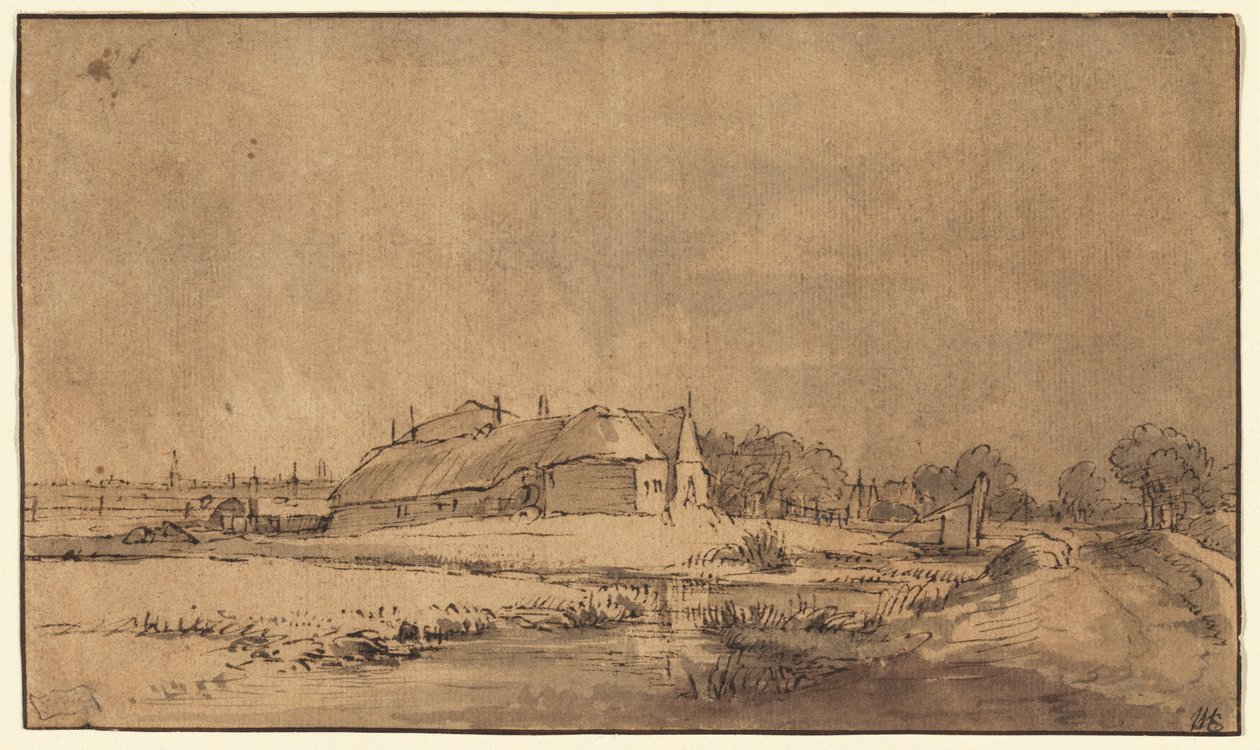 Cottages and Barn beside a Road by Rembrandt van Rijn