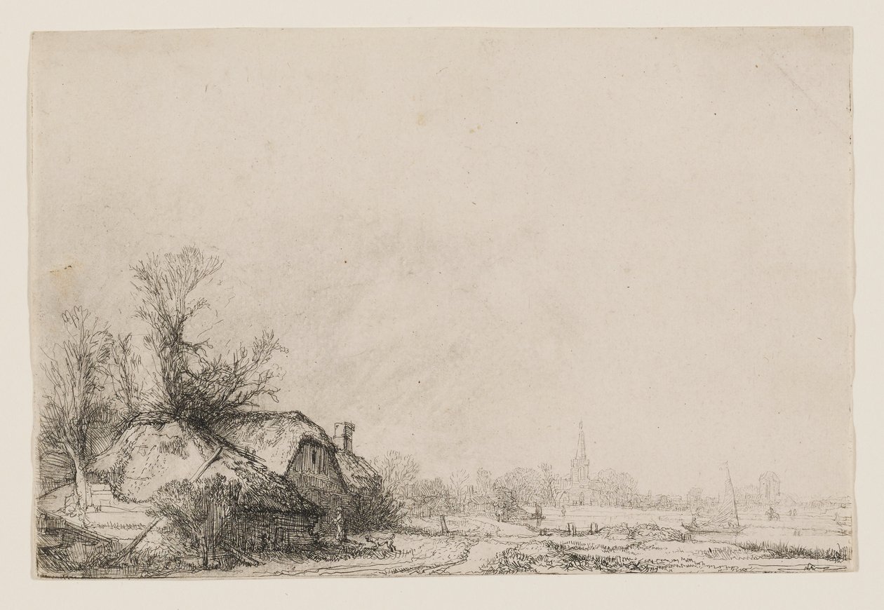 Cottages beside a Canal with a Church and Sailing Boat by Rembrandt van Rijn