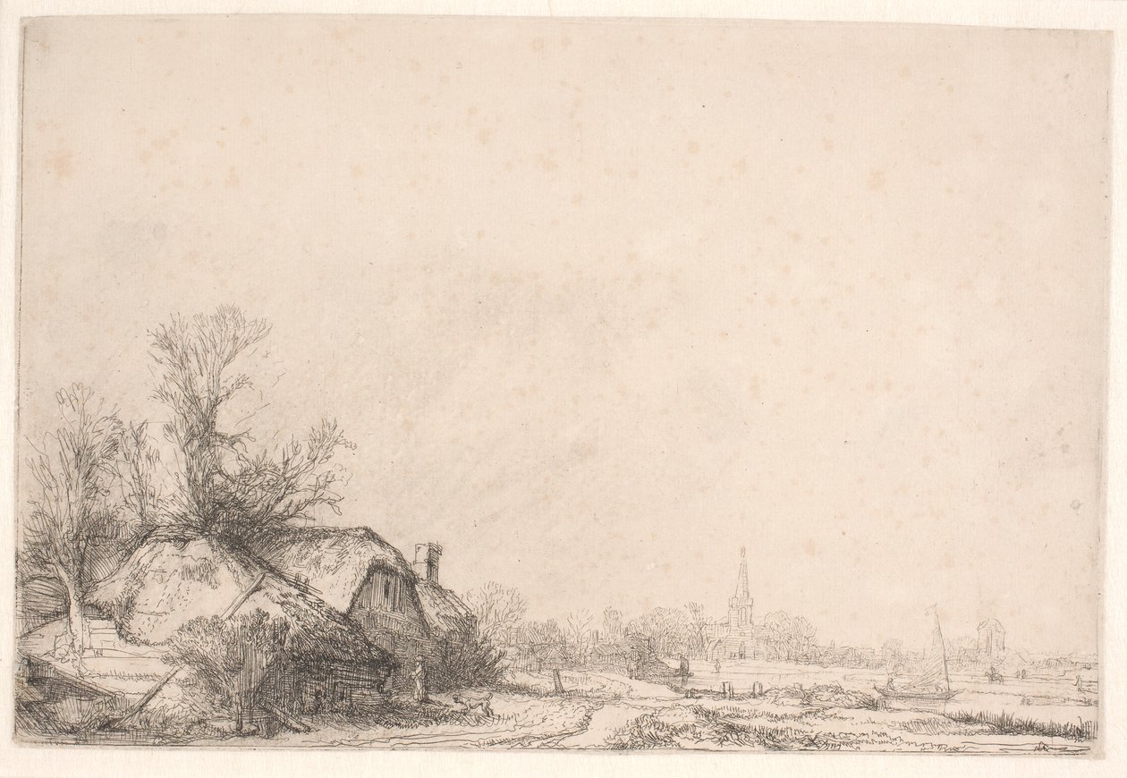 Cottages Beside a Canal: With a Church and Sailing Boat by Rembrandt van Rijn