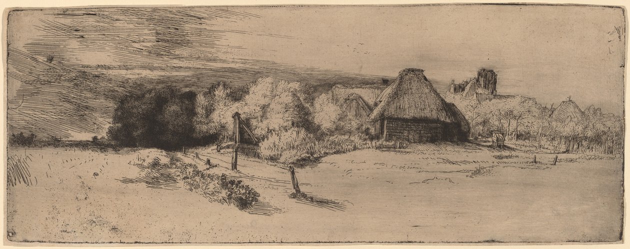 Landscape with Trees, Farm Buildings and a Tower by Rembrandt van Rijn