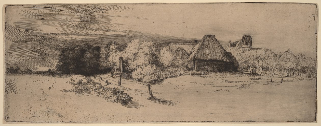 Landscape with Trees, Farm Buildings and a Tower by Rembrandt van Rijn