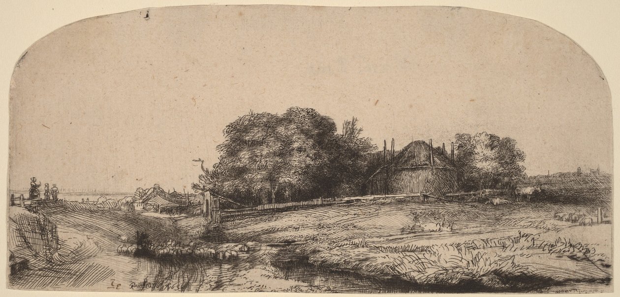 Landscape with a Hay Barn and a Flock of Sheep by Rembrandt van Rijn