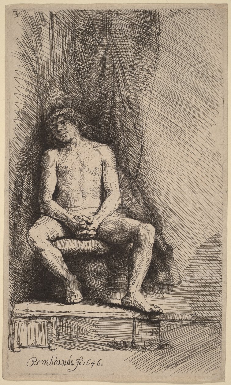 Nude Man Seated Before a Curtain by Rembrandt van Rijn