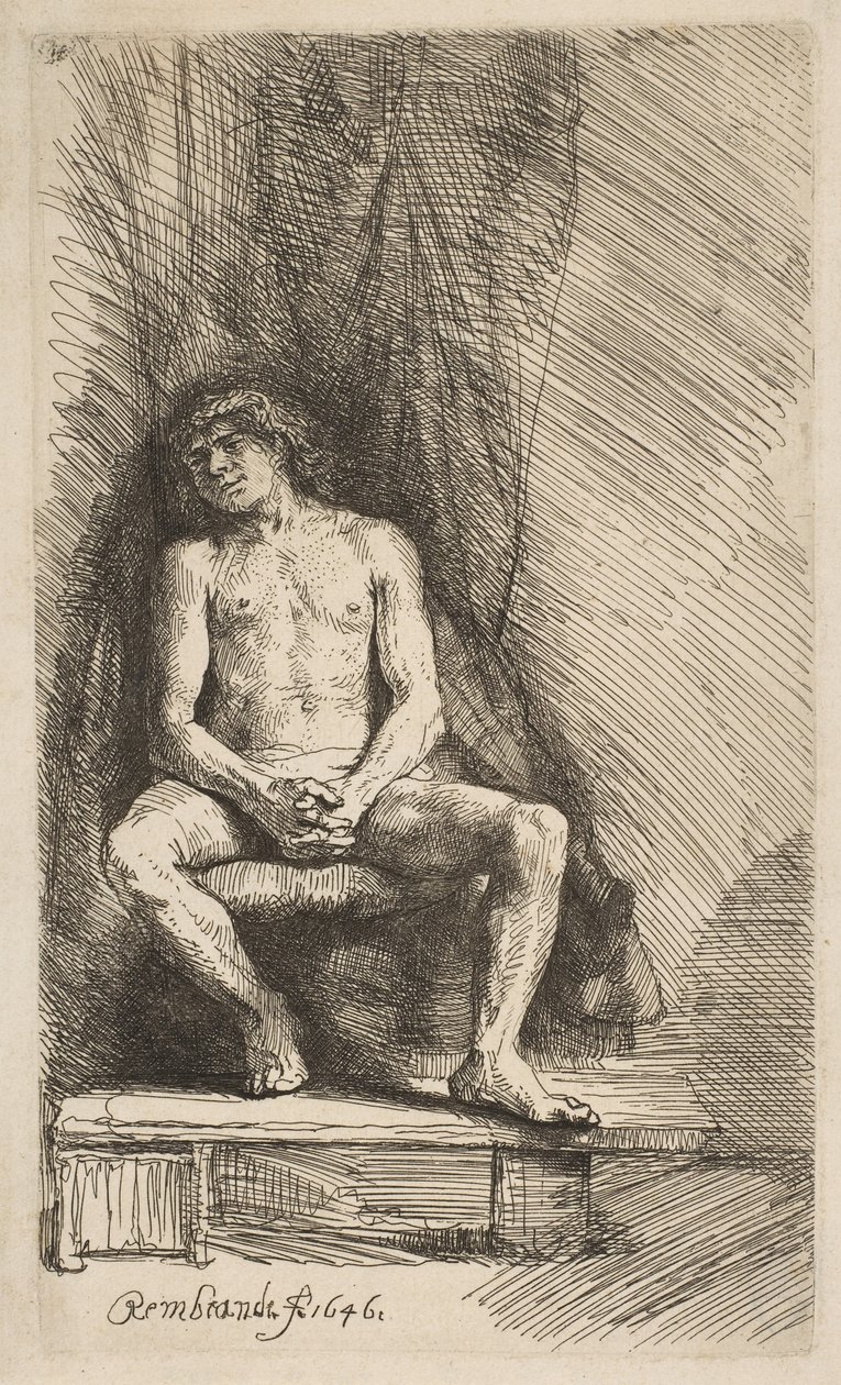Nude Man Seated before a Curtain by Rembrandt van Rijn