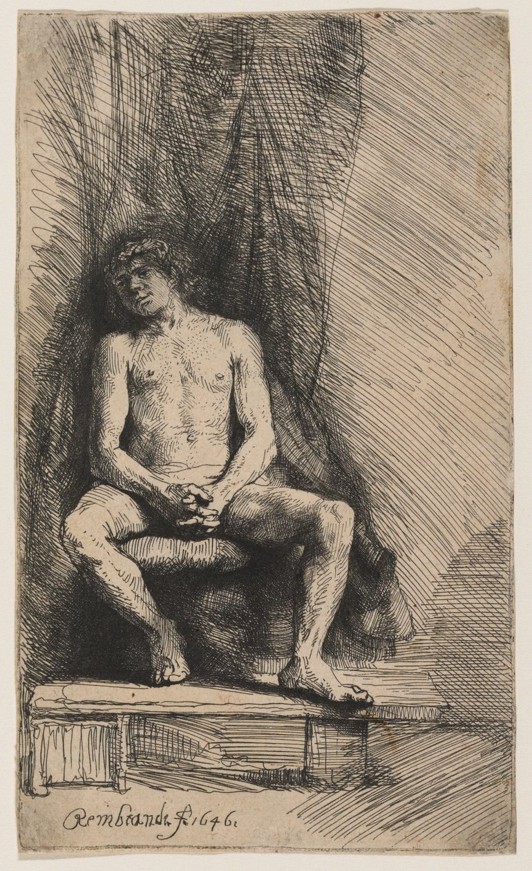 Nude Youth Seated before a Curtain by Rembrandt van Rijn