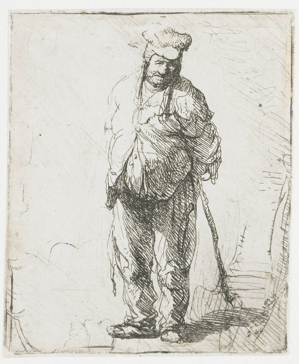 Ragged Peasant with His Hands Behind Him, Holding a Stick by Rembrandt van Rijn