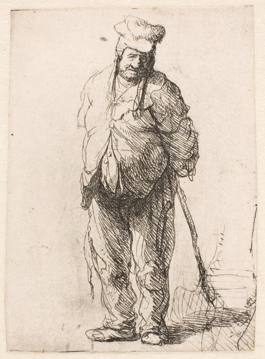 Ragged Peasant with His Hands Behind Him, Holding a Stick by Rembrandt van Rijn