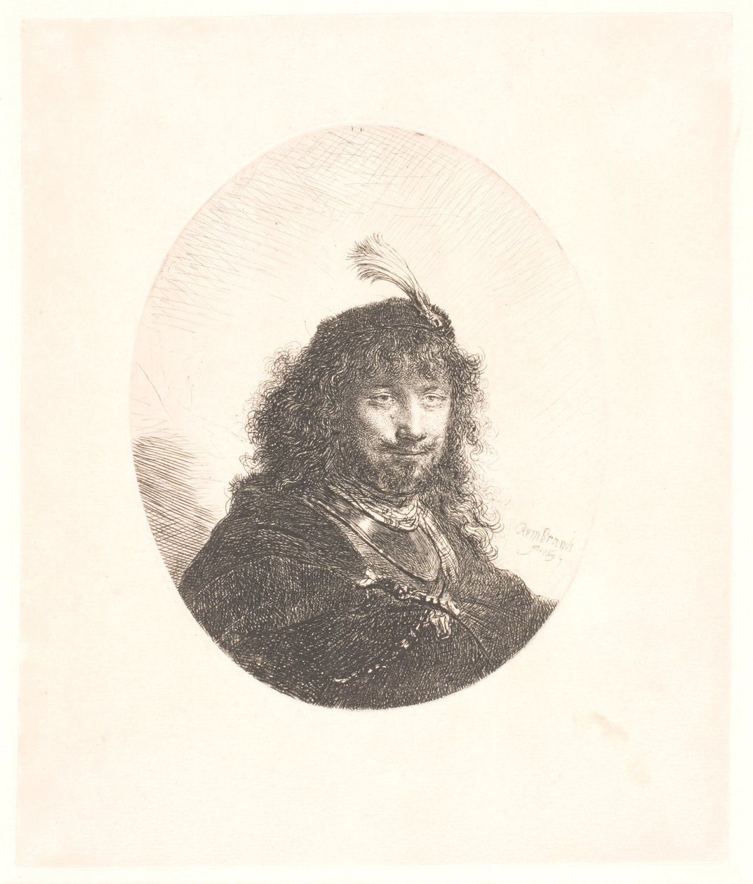 Rembrandt with Plumed Cap and Lowered Sabre: Three-Quarter Length: Afterwards Bust in Oval by Rembrandt van Rijn