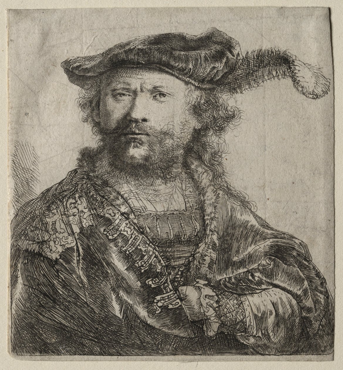 Self-Portrait in Velvet Cap with Plume by Rembrandt van Rijn