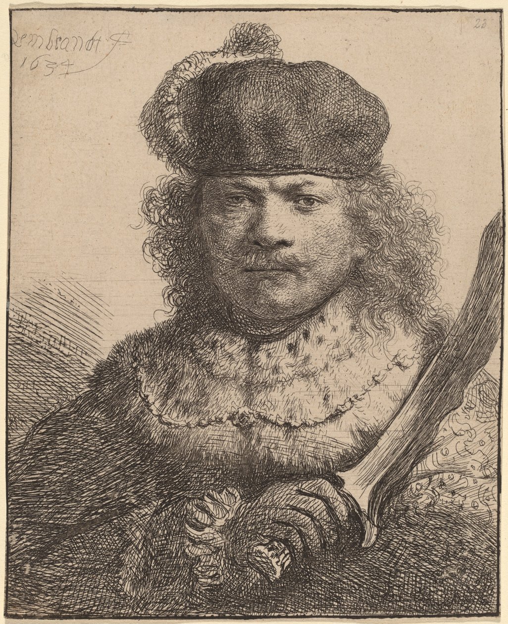 Self-Portrait with Raised Sabre by Rembrandt van Rijn