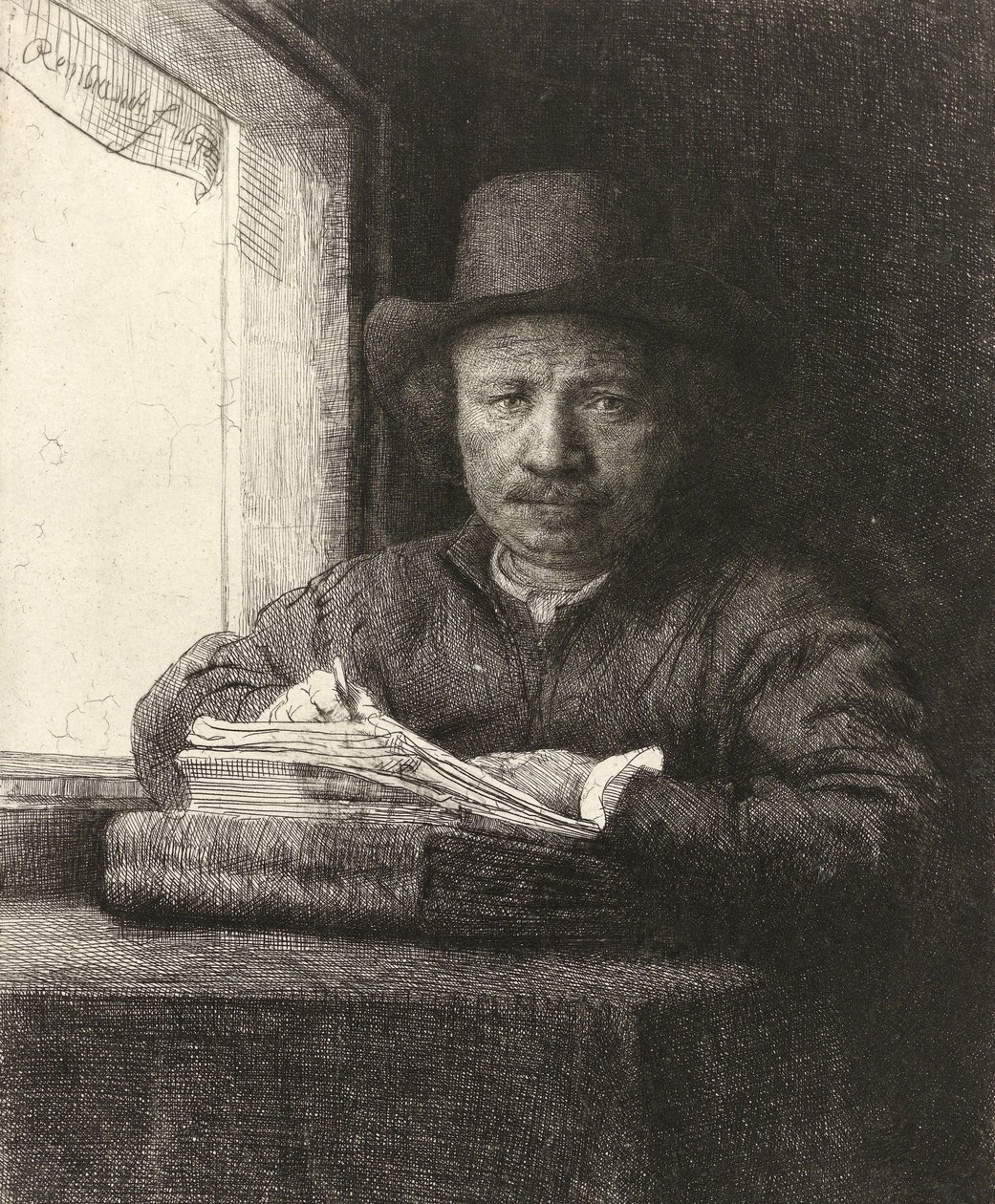 Self-portrait etching at a window, 1648 by Rembrandt van Rijn