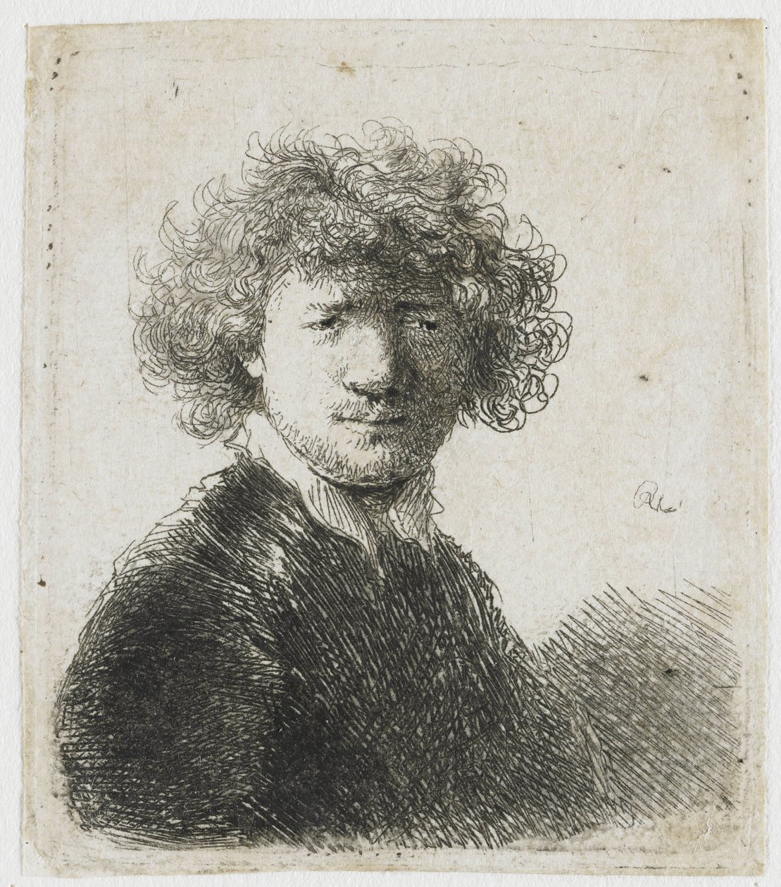 Self-portrait with curly hair and white collar: bust by Rembrandt van Rijn