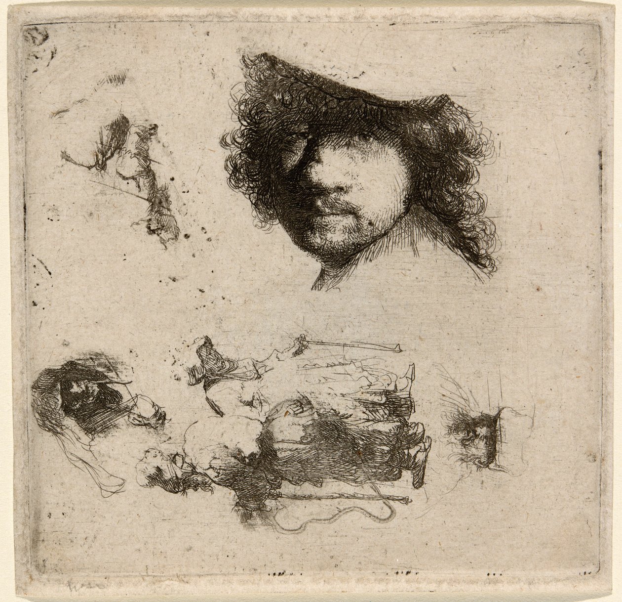 Sheet of Studies: Head of the Artist, a Beggar Couple, Heads of an Old Man and Old Woman, etc. by Rembrandt van Rijn