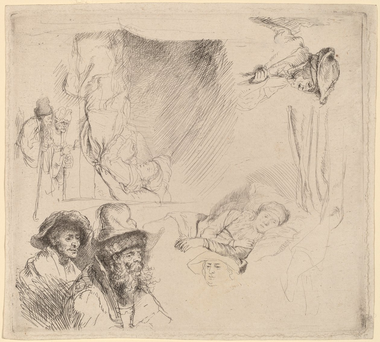 Sheet of Studies including a Woman Lying Ill in Bed by Rembrandt van Rijn