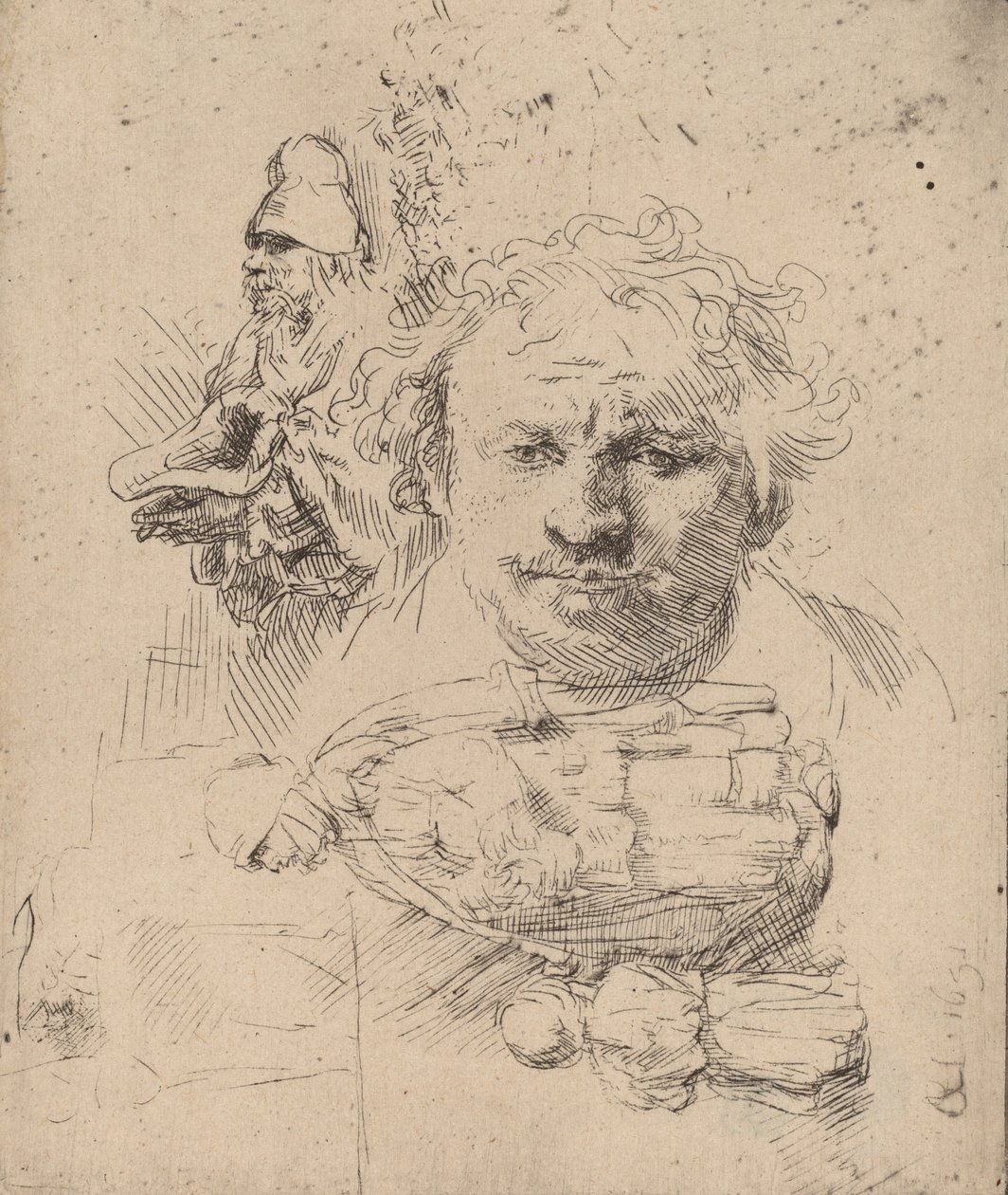 Sheet of Studies with the Head of the Artist, a Beggar Man, and Woman and Child, 1651 by Rembrandt van Rijn